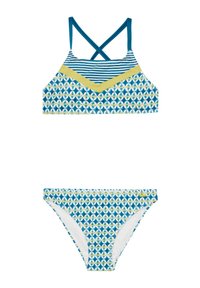 Set da bagno a due pezzi composto da un top incrociato con spalline e un motivo geometrico blu e bianco, e un bikini coordinato con elementi di design simili.