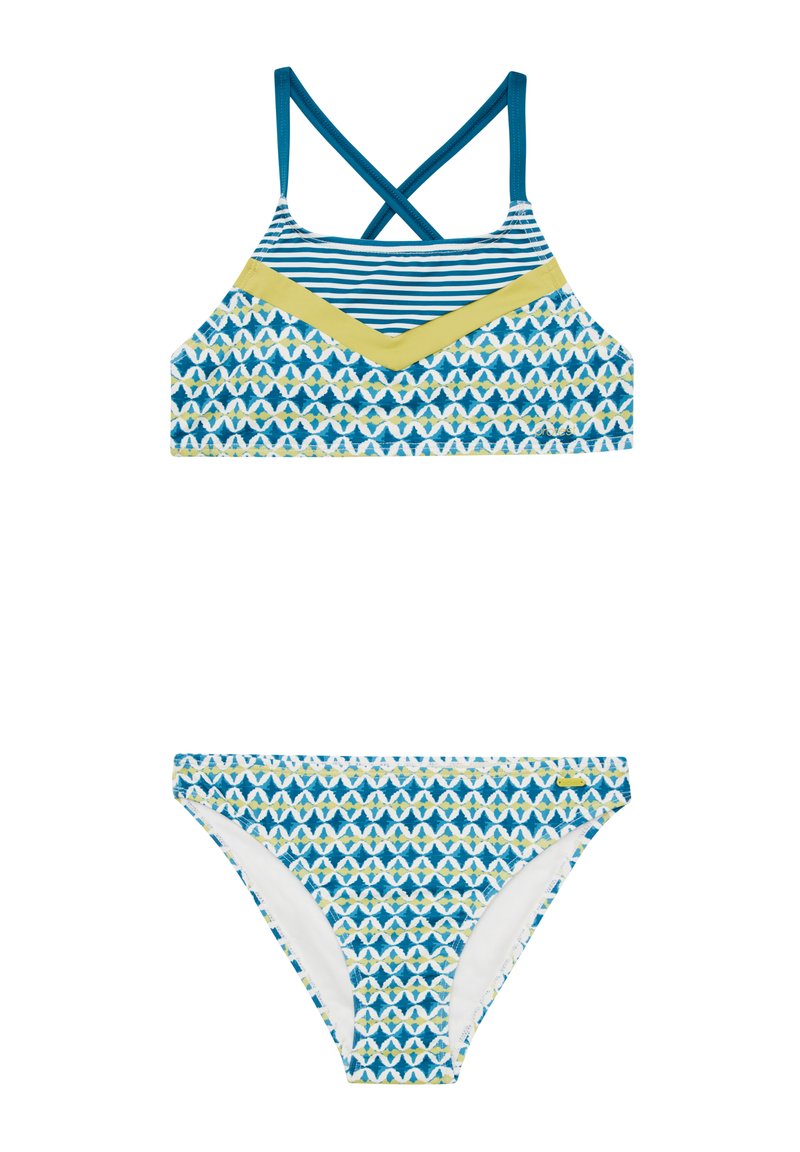 Set da bagno a due pezzi composto da un top incrociato con spalline e un motivo geometrico blu e bianco, e un bikini coordinato con elementi di design simili.