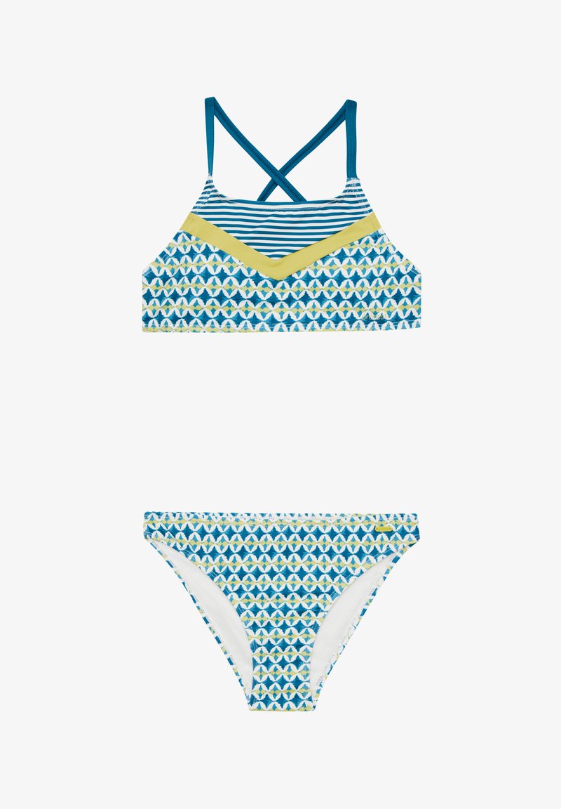 Dviejų dalių maudymosi kostiumėlis, kuriame yra topas su kryžminėmis petnešomis ir mėlynai-baltu geometriniu raštu, bei atitinkamos kelnaitės su panašiais dizaino elementais.