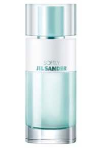 Jil Sander Softly parfymeflaske har en klar, rund bunn, en lys akvamarin væske, og et hvitt lokk med en gjennomsiktig topp og sølvbånd.