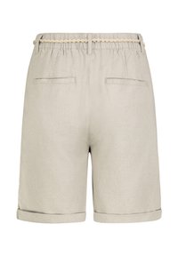 Light beige shorts with an elastic waistband, braided belt detail, two back pockets, and rolled cuffs. Smooth fabric texture.