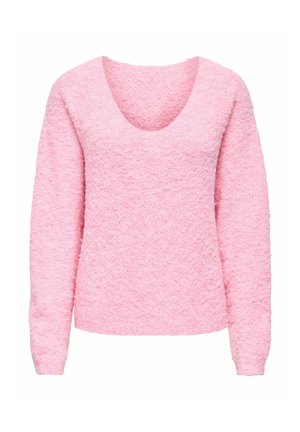 Suéter de manga larga rosa claro con escote redondo, hecho de un tejido texturizado y esponjoso. Presenta un corte relajado y puños de canalé.