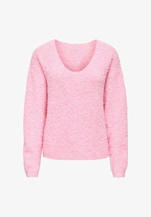 Suéter de manga larga rosa claro con escote redondo, hecho de un tejido texturizado y esponjoso. Presenta un corte relajado y puños de canalé.