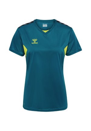 Tealfarbenes kurzärmeliges Sportshirt mit gelben Seitenpaneelen, schwarzen Schulternstreifen, V-Ausschnitt und gelbem Hummel-Logo auf der Brust.