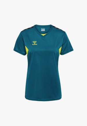 Tealfarbenes kurzärmeliges Sportshirt mit gelben Seitenpaneelen, schwarzen Schulternstreifen, V-Ausschnitt und gelbem Hummel-Logo auf der Brust.