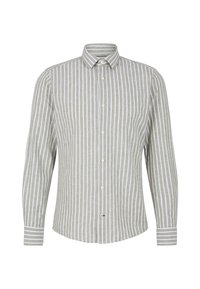 Langärmliges Button-up-Hemd in Hellgrün mit weißen Vertikalstreifen. Aus strukturiertem Stoff mit spitzem Kragen und knöpfbaren Manschetten.