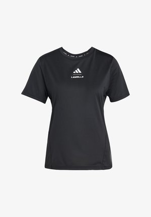 T-shirt de sport noir à manches courtes en tissu évacuant l'humidité. Avec un col rond et un logo sur la poitrine ainsi que des coutures latérales.