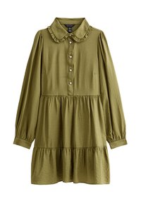 Olivengroene jurk met lange mouwen, geruite Peter Pan-kraag, knoopsluiting aan de voorkant, getailleerde taille en een rokken met meerdere lagen.