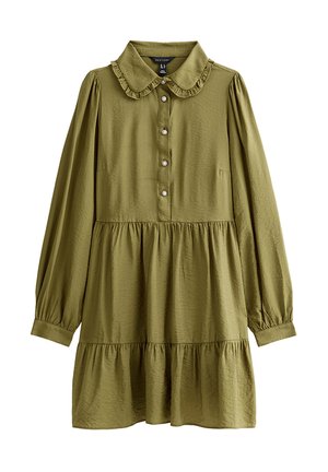 Olivgrünes, langärmliges Kleid mit gerafftem Peter-Pan-Kragen, durchgeknöpftem Vorderteil, tailliertem Bund und gestuftem Rock.