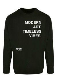 Schwarzer Kapuzenpullover mit langen Ärmeln und weißem Text: "MODERNE KUNST. ZEITLOSE VIBRATIONS." Logo "apoh London" in Weiß unten links.