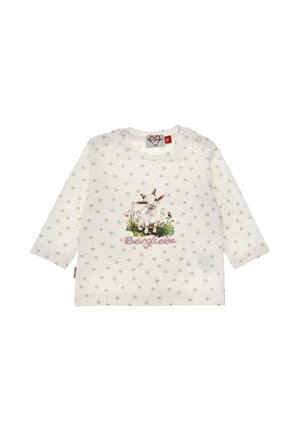 White long-sleeve baby shirt with small gray hearts, a central goat illustration, and "Bergliebe" text beneath the goat.