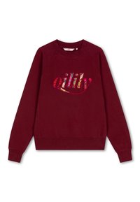 Bordeaux sweatshirt met raglanmouwen en ronde hals. Kenmerkt zich door een veelkleurig "oilily"-tekstontwerp aan de voorkant. Zachte stoftextuur.