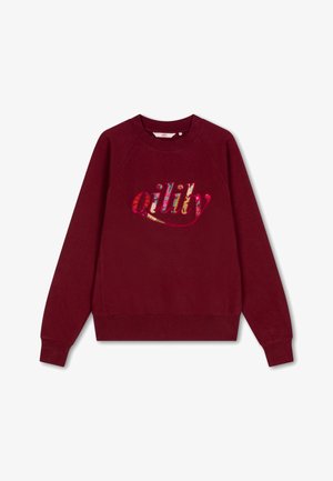 Bordeaux sweatshirt met raglanmouwen en ronde hals. Kenmerkt zich door een veelkleurig "oilily"-tekstontwerp aan de voorkant. Zachte stoftextuur.