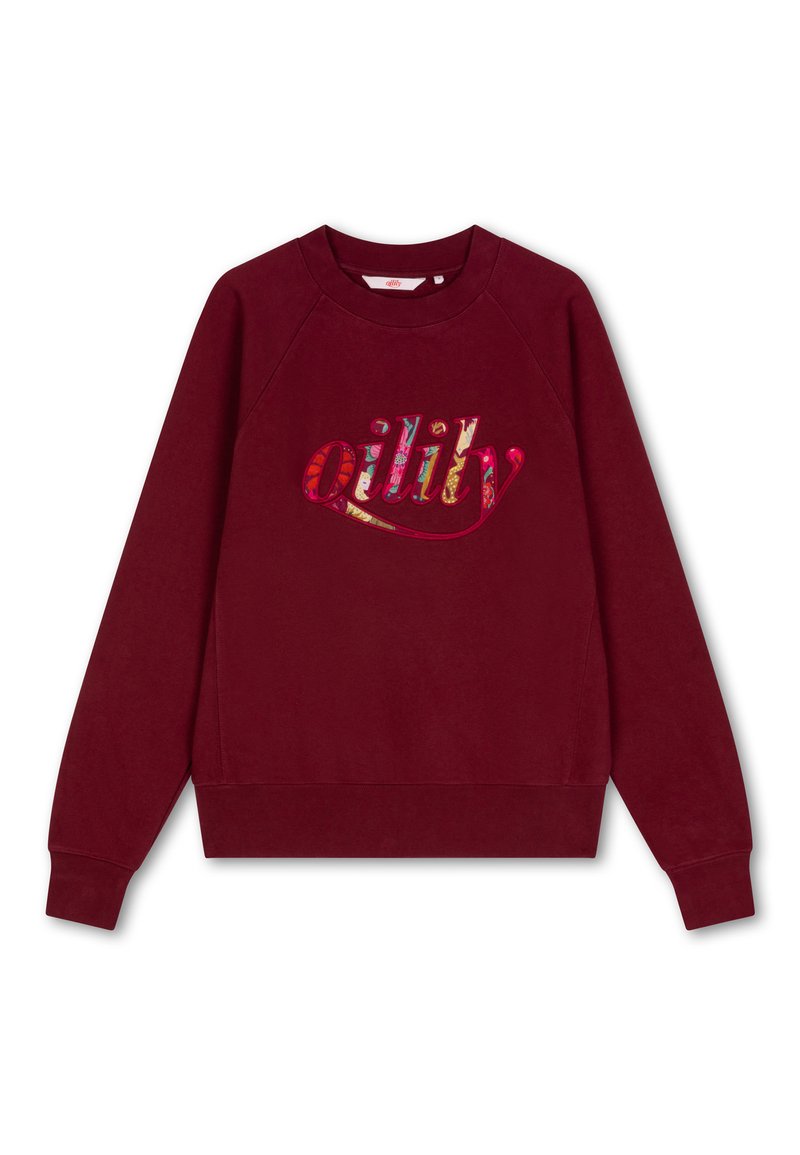 Bordeaux sweatshirt met raglanmouwen en ronde hals. Kenmerkt zich door een veelkleurig "oilily"-tekstontwerp aan de voorkant. Zachte stoftextuur.