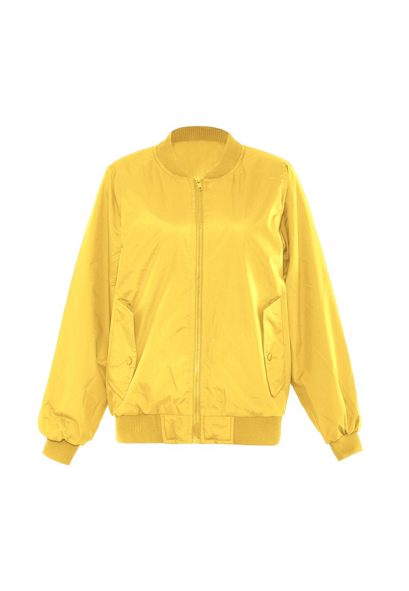 Giacca bomber gialla in tessuto liscio con chiusura a zip, colletto e polsini a costine, e due tasche laterali. Presenta una vestibilità comoda e un design semplice.