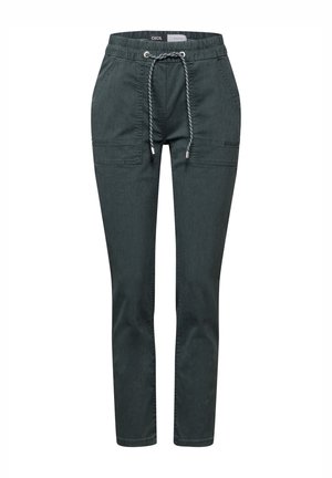 Ciemnozielone spodnie casualowe wykonane z miękkiego materiału. Posiadają elastyczny pasek z trokiem, dwie przednie kieszenie oraz zwężający się krój nogawek.
