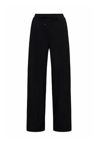 Zwarte wijde broek gemaakt van zachte stof, met een drawstring tailleband en twee voorplooien voor extra details en structuur.
