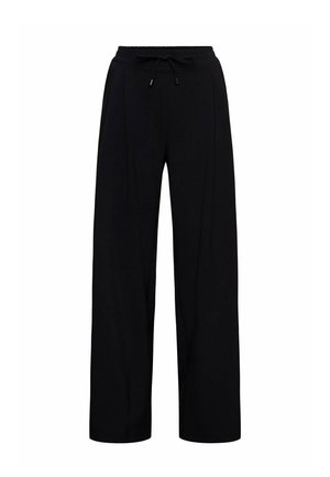 Zwarte wijde broek gemaakt van zachte stof, met een drawstring tailleband en twee voorplooien voor extra details en structuur.