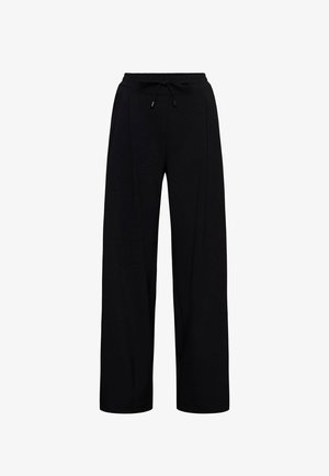 Zwarte wijde broek gemaakt van zachte stof, met een drawstring tailleband en twee voorplooien voor extra details en structuur.
