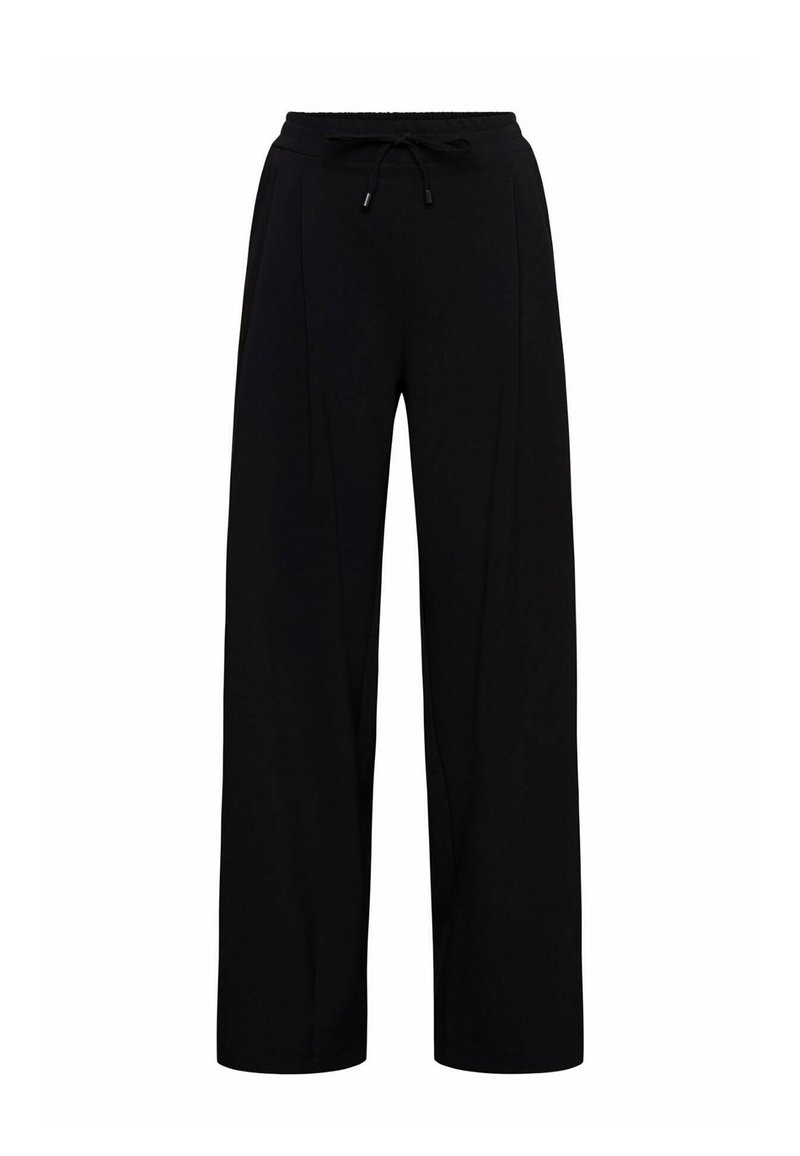 Zwarte wijde broek gemaakt van zachte stof, met een drawstring tailleband en twee voorplooien voor extra details en structuur.