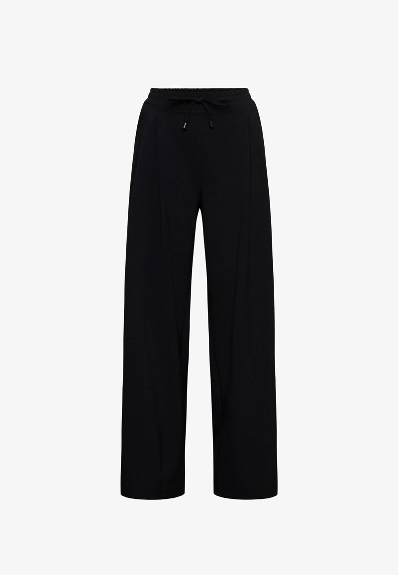 Zwarte wijde broek gemaakt van zachte stof, met een drawstring tailleband en twee voorplooien voor extra details en structuur.
