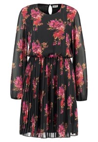 Abito nero floreale con maniche lunghe, dotato di gonna plissettata, scollatura rotonda e vivaci motivi floreali rosa e viola.