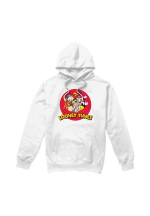 White hoodie with Looney Tunes characters and logo printed on the front, featuring Bugs Bunny, Tweety, Taz, and others.