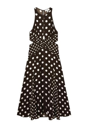 Fekete, ujjatlan midi ruha nagy fehér pöttyökkel, kivágott derékkal, kulcslyuk alakú hátrészlettel és testhezálló felsőrésszel, amely bő szoknyába tágul.