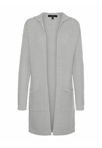 Světlý šedý pletený kardigan s kapucí, otevřeným předním dílem, dlouhými rukávy a dvěma předními kapsami. Má texturovaný, robustní pletený vzor.