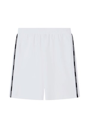 Pantaloncini bianchi con vita elastica e strisce laterali nere con logo testuale bianco ripetuto.