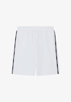 Pantaloncini bianchi con vita elastica e strisce laterali nere con logo testuale bianco ripetuto.