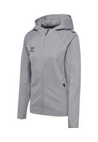 Grå zip-up hoodie i mjukt tyg, med huva, två sidofickor och en liten logga på bröstet. Dekorativa linjer på axlarna.