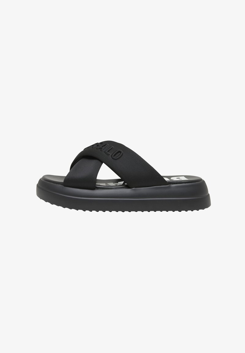 Sandale noire à semelle épaisse et brides en tissu croisées embossées du nom de la marque "Buffalo".