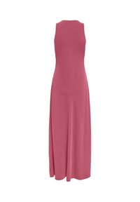 Robe longue rose sans manches avec un col rond et un ourlet légèrement évasé, vue de dos sur un fond uni.