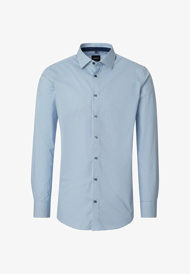 Light blue slim-fit men's dress shirt with dark blue circular pattern, long sleeves, buttoned front, and pointed collar.