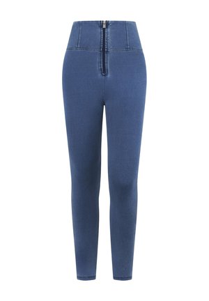 Korkeavyötäröiset siniset leggingsit, joissa edessä vetoketjusomiste vyötäröltä reiden keskivaiheille, valmistettu joustavasta kankaasta.