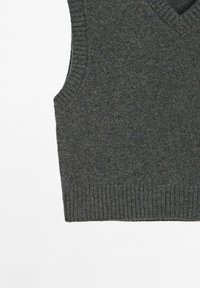 Dark gray sleeveless sweater with a V-neck, ribbed edges, and a soft texture, featuring a fine knit pattern without visible embellishments.