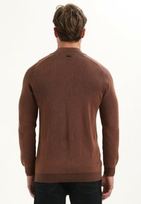 Brązowy sweter z dzianiny o prążkowanej fakturze, z długimi rękawami i okrągłym dekoltem. Posiada kontrastowe paski na ramionach i u dołu.