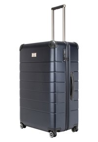 Valise rigide marine avec des rayures texturées, poignée métallique extensible, quatre roulettes, poignée latérale et verrou à combinaison.