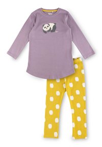 Purple long-sleeve shirt featuring a panda graphic, paired with yellow leggings adorned with white apple patterns. Soft cotton material.