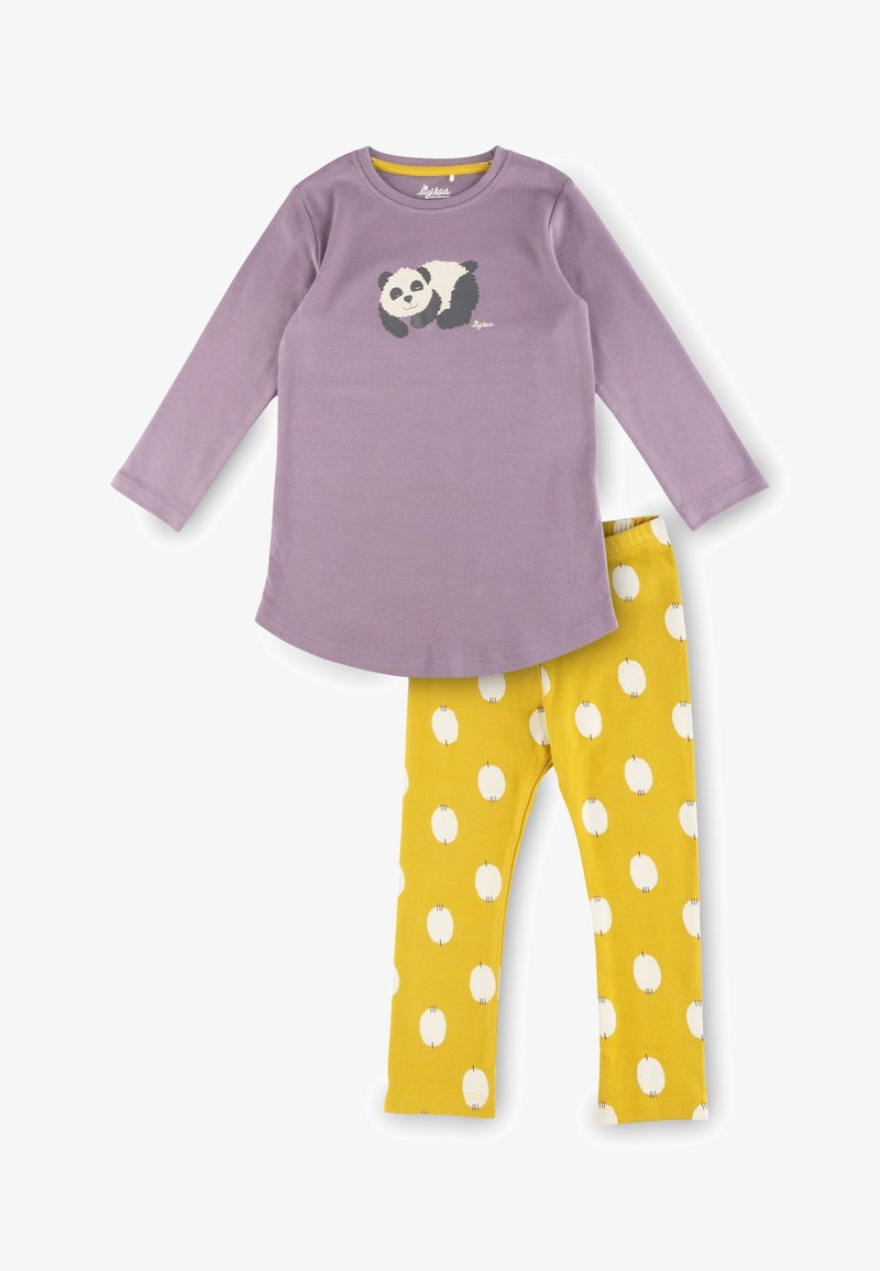 Purple long-sleeve shirt featuring a panda graphic, paired with yellow leggings adorned with white apple patterns. Soft cotton material.