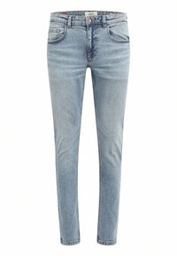 Helle blaue, schlank geschnittene Jeans aus Denim mit fünf Taschen, einem Reißverschluss und einer dezenten, verblichenen Textur.