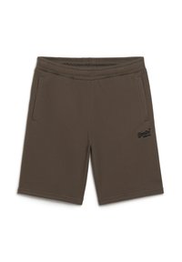 Pantalones cortos de algodón marrón con una cinturilla elástica, dos bolsillos laterales y un pequeño logo negro en la pierna izquierda. Diseño simple de corte recto.