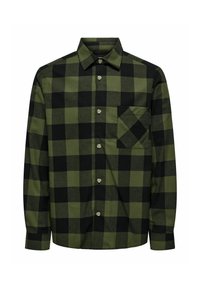 Groen en zwart geruite shirt van zacht materiaal, met een knoopsluiting aan de voorkant, een spitse kraag en een enkele borstzak.