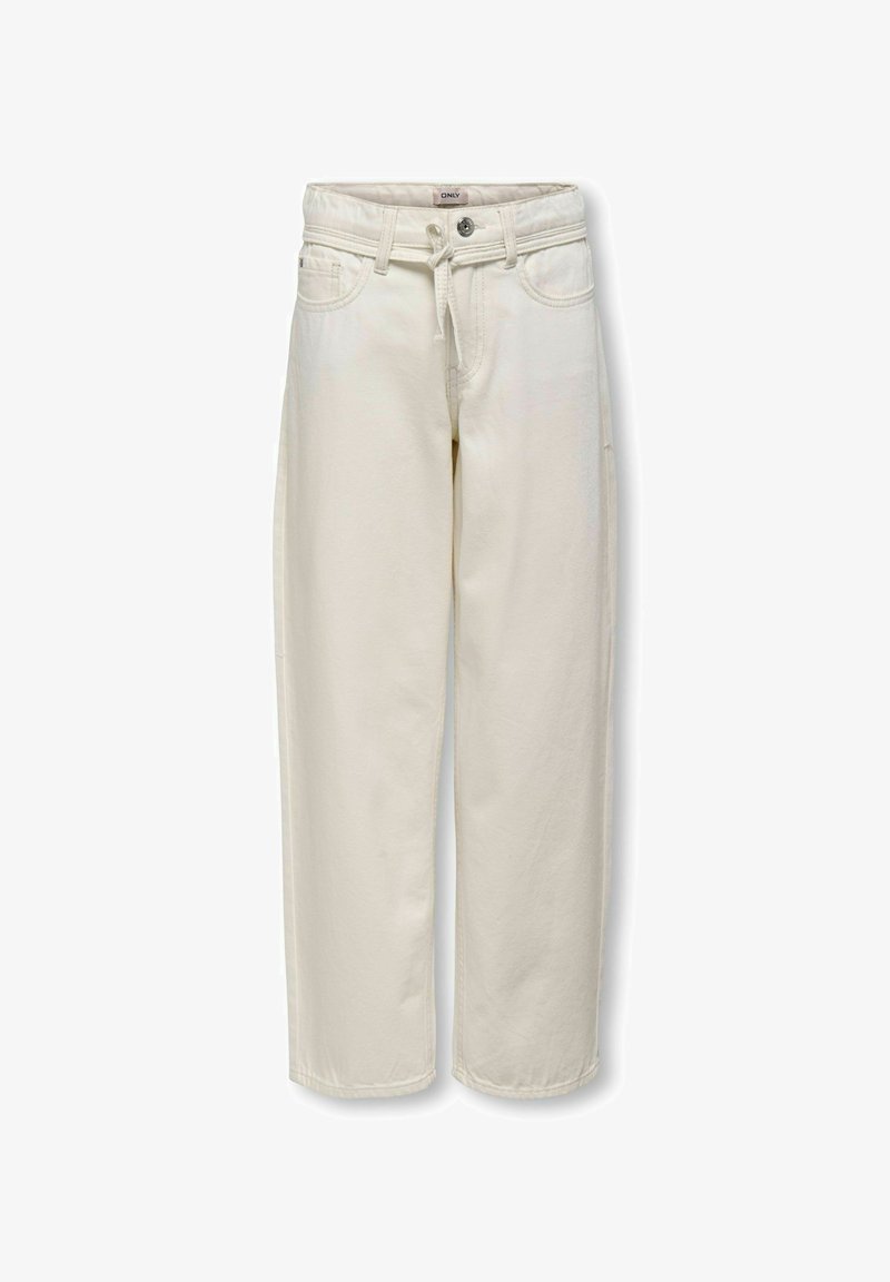 Pantalon crème taille haute, jambes droites, avec passants pour ceinture, bouton frontal, fermeture éclair et cordon à la taille.