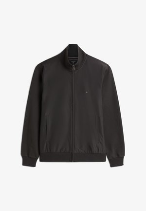 Black zip-up jacket with a stand collar, made of smooth fabric. Features side pockets, elastic cuffs, and a small logo on the chest.