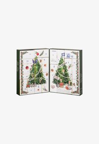 Christmas-themed advent calendar featuring a green exterior, illustrated with a decorated tree and festive designs on white compartments.