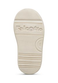 Suola delle scarpe in gomma color avorio con scanalature testurizzate, logo "Falcotto" in rilievo e design del tallone arrotondato.
