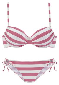 Pruhovaný bikiny set v ružových a bielych farbách; vystužená podprsenka s nastaviteľnými ramienkami a spodné diely s viazaním na bokoch. Hladký materiál.