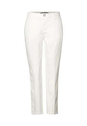 Valkoiset puuvillahousut, joissa on suora lahje, etupainikekiinnitys ja sivutaskut. Silkkinen pinta minimalistisella tyylillä.